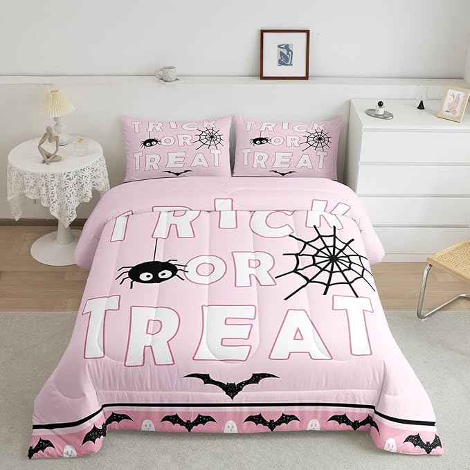 Erosebridal Happy Halloween Comforter Set Toddler Size Spider Web Bedding Set Bat Ghost Quilt for Kids Boys Girls Teens Cartoon Style Bedding Comforter Sets with 1 Pillow Case