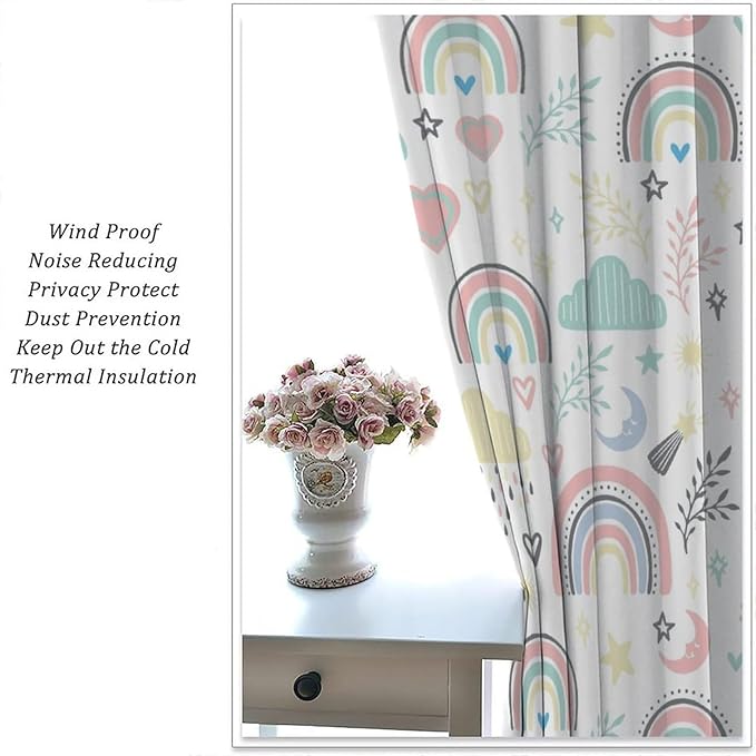 Boho Rainbow Curtains for Kids Nursery Colorful Floral Sun Star Clouds Pastel Bohemian Pattern Print Window Drapes for Girl Bedroom Living Room Kitchen Decor,2 Panel Set,63Wx63H Inch Blackout