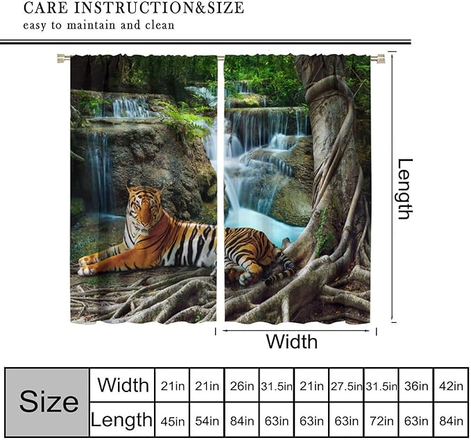 Waterfall Landscape Blackout Curtains, Spring Forest Animal Tiger Tree Waterfall Nature Window Drapes, for Bedroom Living Room 63" W X 72" L