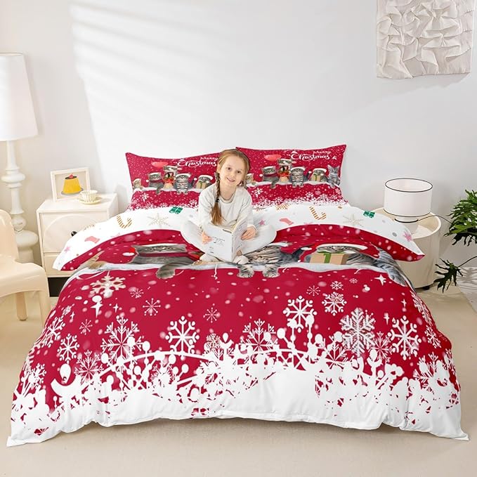 Merry Christmas Cat Bedding Set Xmas Snowflake Pet Cats Duvet Cover For Kids Children Teens Cute Kitten Comforter Cover 3D Animal Red White Bedspread Cover Bedroom Decor Quilt Cover 2Pcs Twin Size