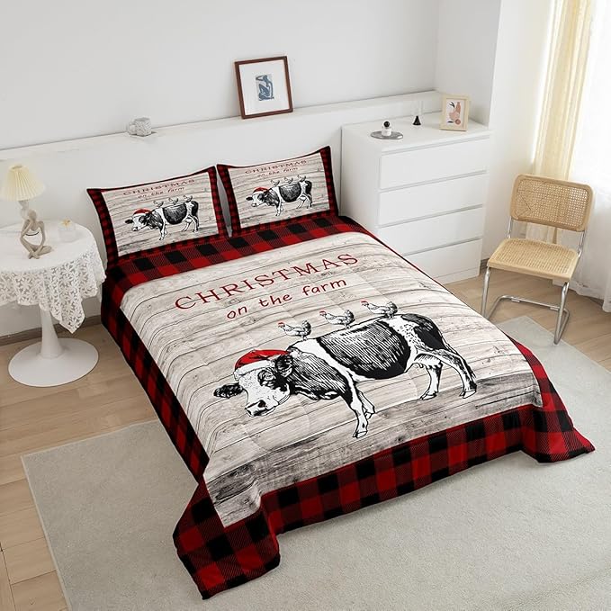 Castle Fairy Vintage Wooden Plank Red Grids 3 Pcs Comforter/Duvet Set,Cartoon Cow Chicken Ultra Soft Bed Collection,Christmas Farm Bedding for Room Decor 3 Pcs,Microfiber Breathable,King