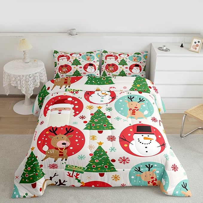 Feelyou Christmas Bedding Set Soft for Boys Girls, Santa Snowman Comforter Set King Size Deer Xmas Tree Duvet Quilt Microfiber Snowflake Bedroom Decor 3 Pcs with 2 Pillow Cases