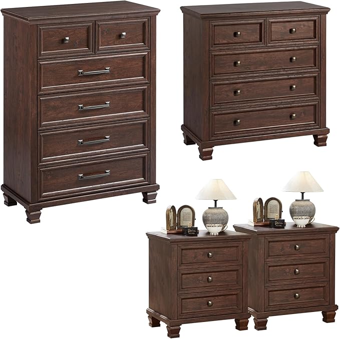 Farmhouse Bedroom Dresser and Nightstand Set of 4, 6/5 Drawers Tall Dresser & 3 Drawer Nightstand Set with Wooden Legs, Rustic Wood Furniture for Bedroom, Hallway, Walnut