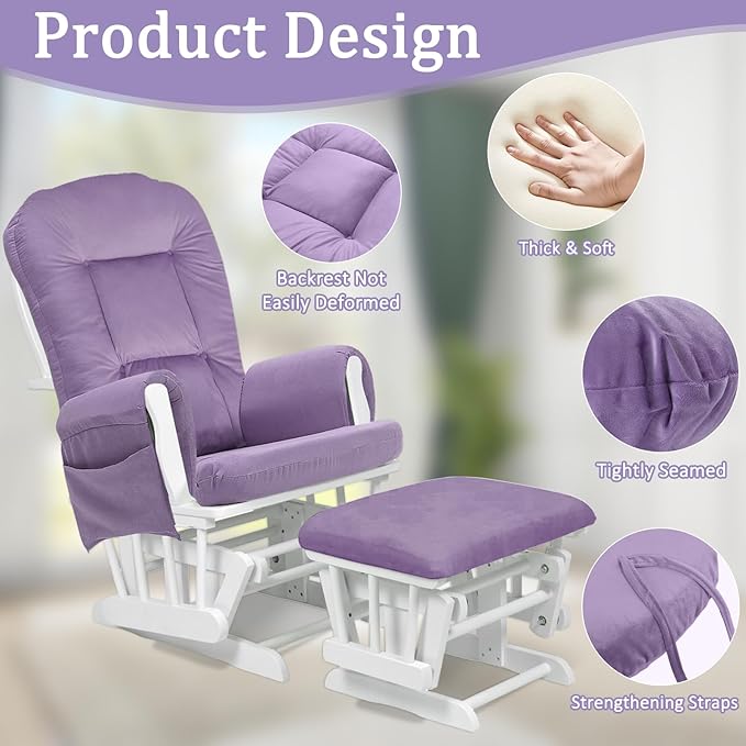 BECHAEO 5PCS Velvet Glider Rocker Replacement Cushions with Ottoman Cover Soft Thicken Rocking Chair Cushion Set for Indoor Nursery Glider Rocking Chair, Lavender