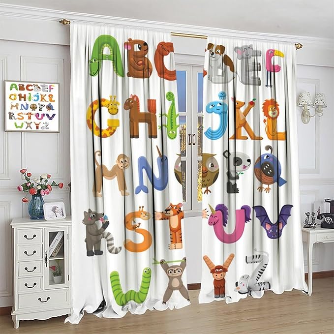 Kids Alphabet Curtains Cartoon Animal Baby Children Funny Learning Educational Curtain with Rod Pocket for Bedroom Nursery Decor Drapes Window Treatments 2 Panels Set 63x63in