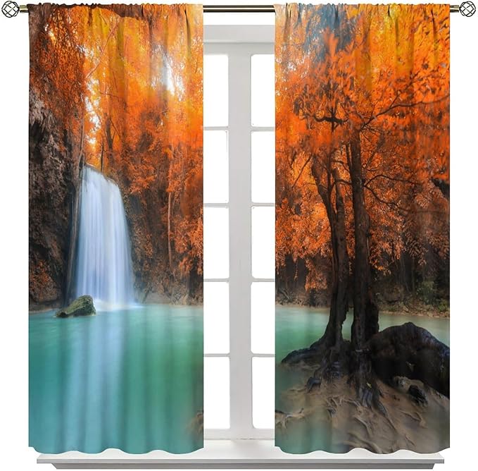 Forest Waterfall Blackout Curtains, Fall Leaves Trees Jungle Autumn Stream Country Nature Landscape Scenery Window Drapes, for Bedroom Living Room 52" W X 84" L