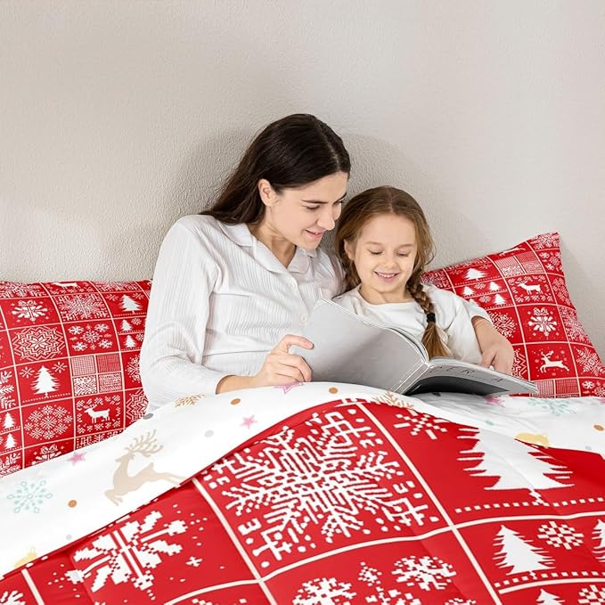 Kids Merry Christmas Comforter Set King Size,Deer Snowflake Pines Silhouette Bedding,Girls Boys Adults Bedroom/Xmas Cabin Decor,Geometric Lattice Down Comforter,Red Bright Duvet Insert,2 Pillowcases