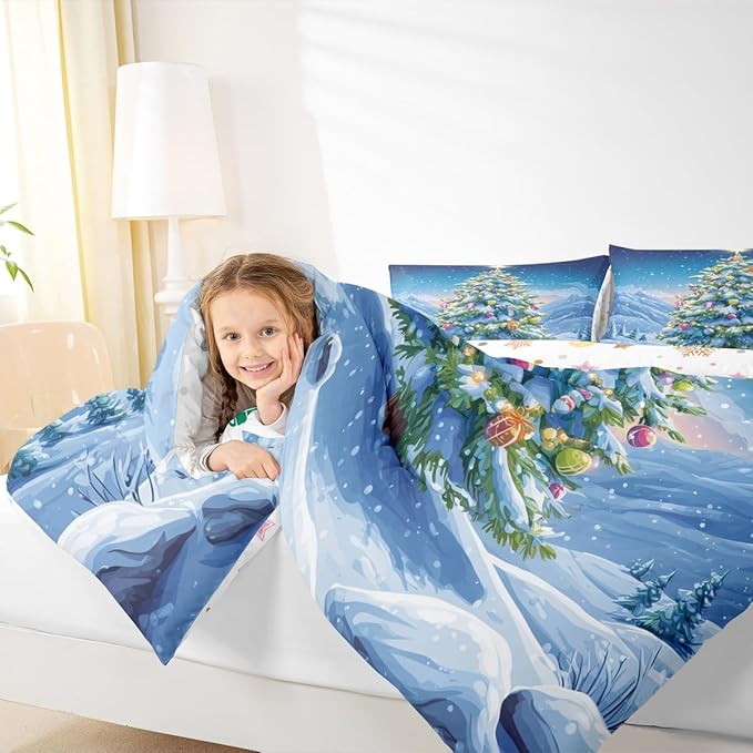 Feelyou Christmas Comforter Set Toddler Size Xmas Tree Bedding Set for Kids Boys Girls Winter Snowflake Duvet Quilt Christmas Tree Ornaments Bedroom Decor Microfiber 2 Pcs with 1 Pillow Cases