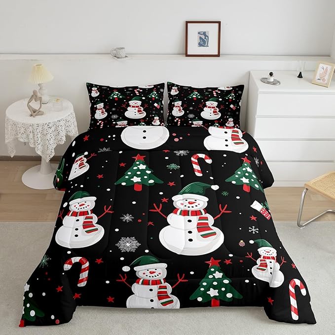 jejeloiu Kids Cute Winter Snowman Comforter Set Twin Size Christmas Theme Bedding Set for Boys Girls Teens Xmas Candy Cane Snowflake Happy New Year Duvet Quilt Room Decor