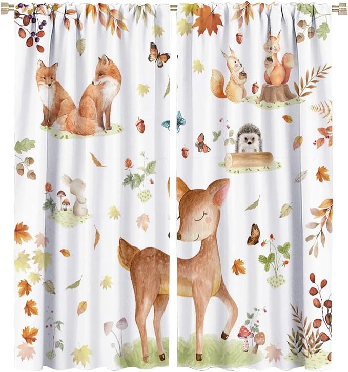 Fall Animails Curtains for Kids, Rustic Cute Woodland Wild Animal Window Treatments Watercolor Autumn Leaves Cartoon Fox Deer Window Drapes for Nursery Toddler Bedroom 63x63in