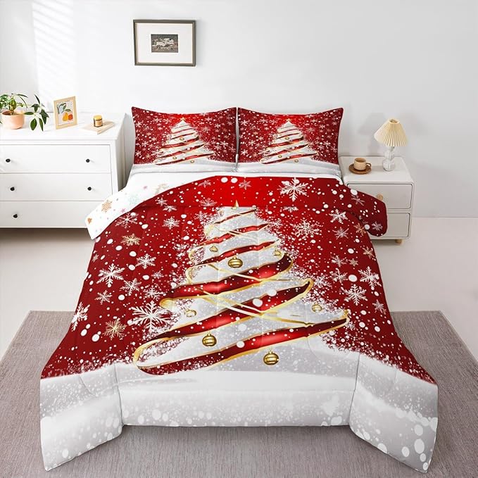 Feelyou Merry Christmas Comforter Set King Size Christmas Tree Bedding Set for Kids Boys Girls Snowflake Duvet Quilt Winter Bedroom Decor Microfiber 3 Pcs with 2 Pillow Cases