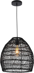 Bamboo Pendant Light Fixture Boho Style 1 Lights Rattan Pendant Lamp Woven Hanging Light for Kitchen Island Nursery in Black(13.7" W)