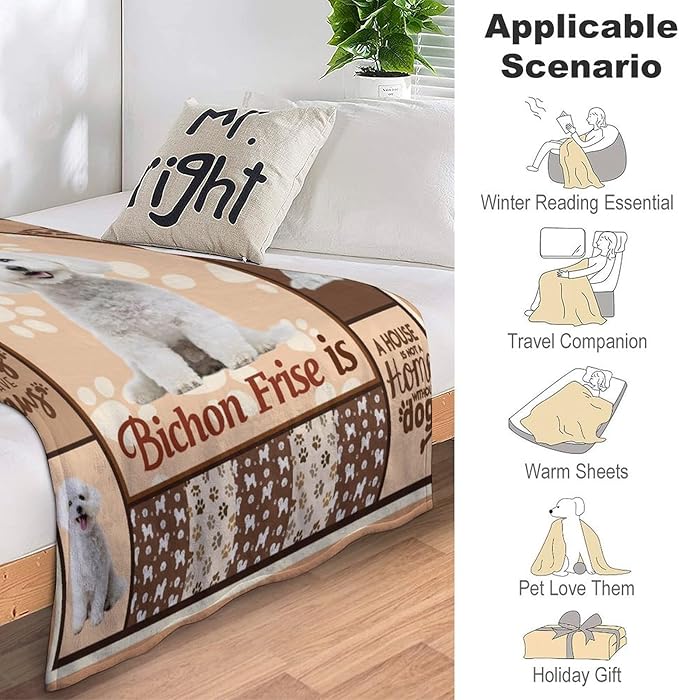 Bichon Frise Dog Print Blanket Best Dog Pet Animal Throw Blankets for Couch Sofa Stuff Decor Gifts Lightweight Soft Cozy Fleece Plush Warm Flannel Bedding for Lover Man Woman Teen Adults 50"x60"
