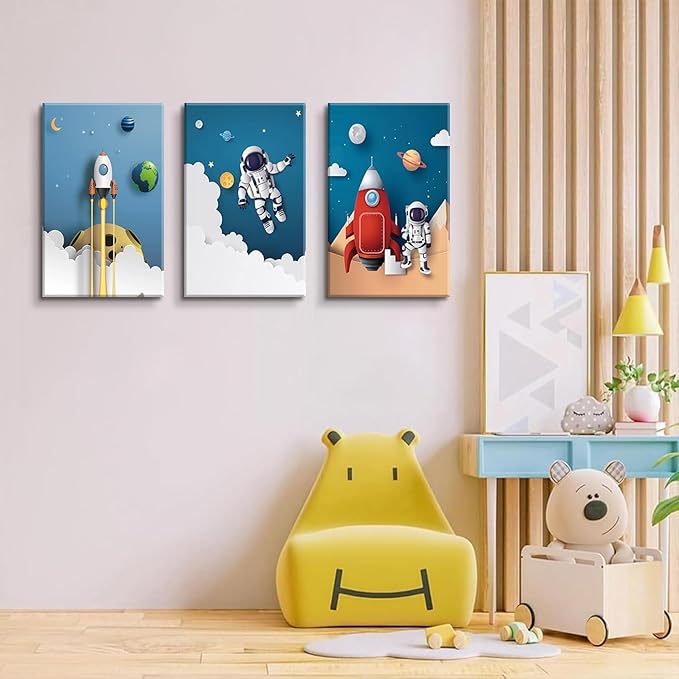 3Pcs Astronaut Canvas Wall Art Nursery Space Adventure Wall Decor Whimsical Space Themed Posters Artwork Rocket Spaceship Prints Pictures for Kids Room Boys and Girls Bedroom (12x16in Canvas)