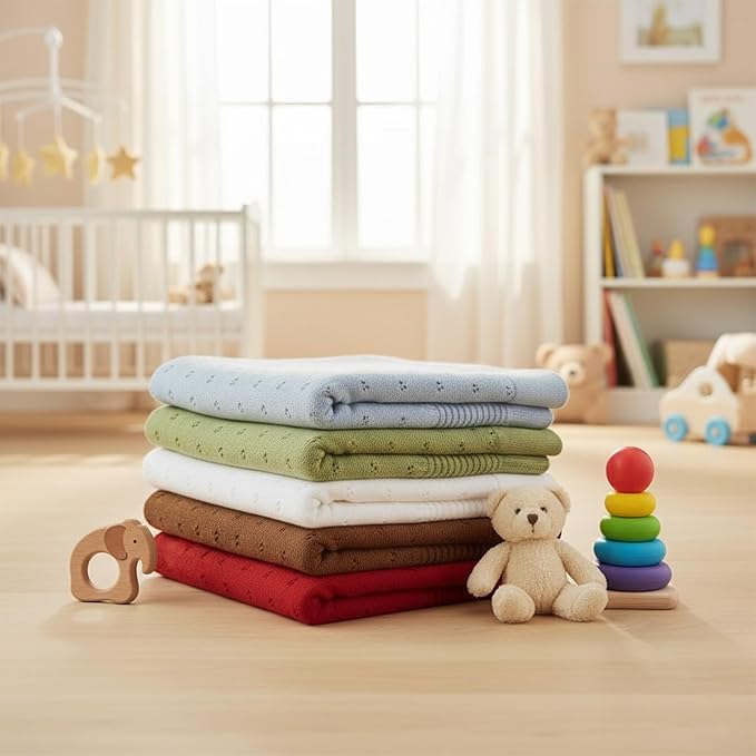 Baby Knit Blanket, 100% Cotton Eyelet Patterns, Soft, Cozy, Lightweight Swaddle for Newborn & Infant Swaddling Beige Neutral, Perfect Baby Shower Ideas Pink 30x40
