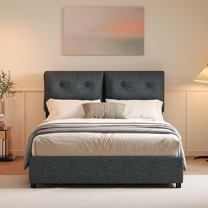 Queen Bed Frame with Headboard, Cloud Boucle Upholstered Bed Frame, Modern Soft Style, Adjustable Headboard, No Box Spring Needed, Easy Assembly, Dark Grey