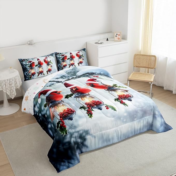 Feelyou Merry Christmas Comforter Set All Season Robin Bird Bedding Set with 1 Pillow Cases Snowflake Microfiber Kids Twin Bedclothes Winter Bedroom Decor Duvet Quilt Breathable Soft Lightweight