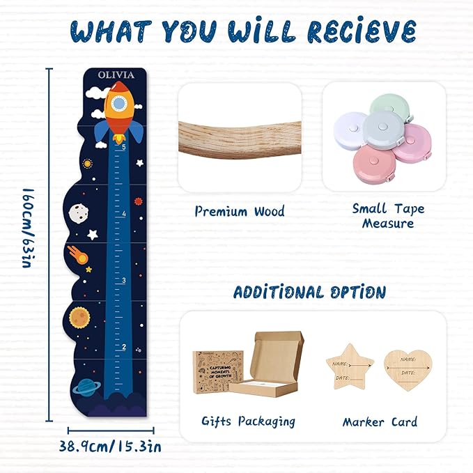 Personalized Name Rocket Wood Growth Chart for Kids – Wall Height Measurement Ruler, Toddler Playroom Decor 63" x 15.3"