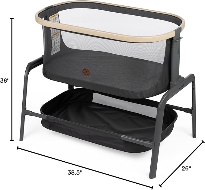 Maxi-Cosi Iora Baby Bassinets Bedside Sleeper, Portable Bassinet, Infant Bedside Sleeper Crib, Height Adjustable, Breathable Mesh, Large Storage Basket, Classic Graphite