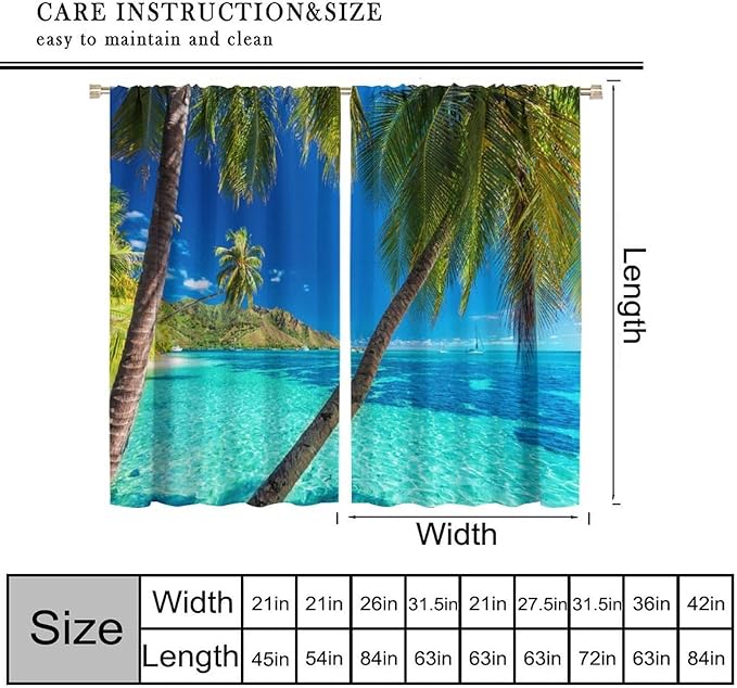 BAEKJIN Ocean Beach Curtains,Sunshine and Beach Hawaiian Seaside Scene Pattern Print Decor Home Bedroom Living Room Window Treatments 2 Panel Set 42x45 Inch