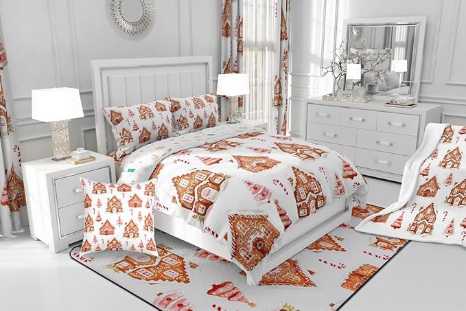 Feelyou Merry Christmas Comforter Set Queen Size Gingerbread House Bedding Set for Kids Boys Girls Xmas Tree Duvet Quilt Candy Cane Bedroom Decor Microfiber 3 Pcs with 2 Pillow Cases