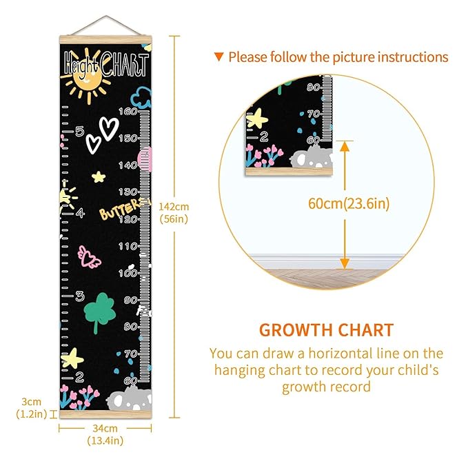 Kids Growth Chart Ruler for Wall Wood Frame Height Measure Chart 13.4x56 in Linen Hanging Height Growth Chart Koala Bear Flowers Rainbow Love Star Kids Room Decor