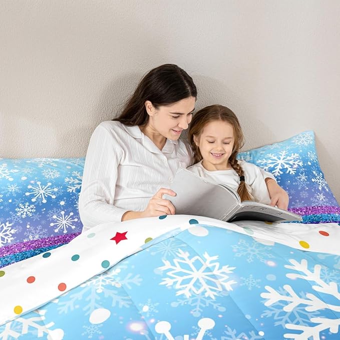 Feelyou Winter Snowflake Comforter Set All Season Glitter Print Bedding Set with 1 Pillow Cases Christmas Microfiber Kids Toddler Bedclothes Holiday New Year Bedroom Decor Duvet Quilt Soft
