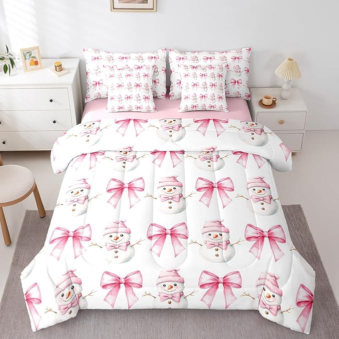 7 Pieces Cartoon Snowman Kids Comforter King,Pink Bowknot Bow Tie Princess Toddler Bedding Set,Merry Christmas Xmas Bow New Year（Comforter+Fitted+Flat Sheet+2 Pillowcases+2 Throw Pillow Covers）