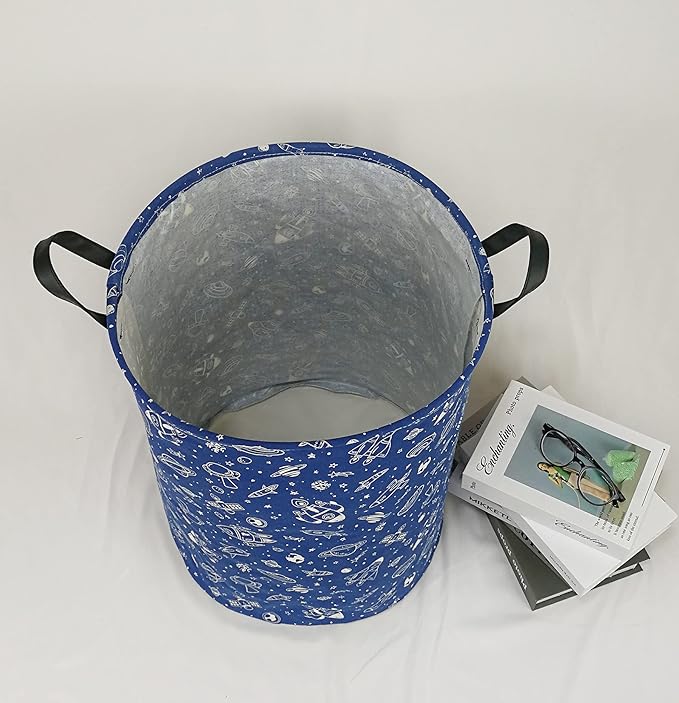 KUNRO Round Laundry Gift Basket Storage Hamper, Kids Toys and Clothes Storage Organizer Bins, Toy Shelf Basket with Handles for Room Decor (navy Spaceship)