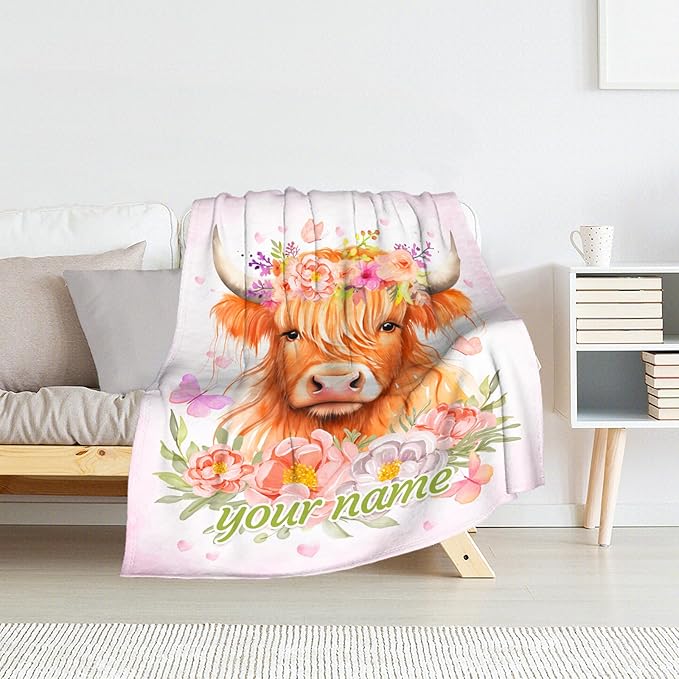 Custom Highland Cow Gifts for Women - 60" x 80" Inches Highland Cow Throw Blanket for Adults - Pink Soft Fuzzy Blankets for Sofa, Bed & Living Room