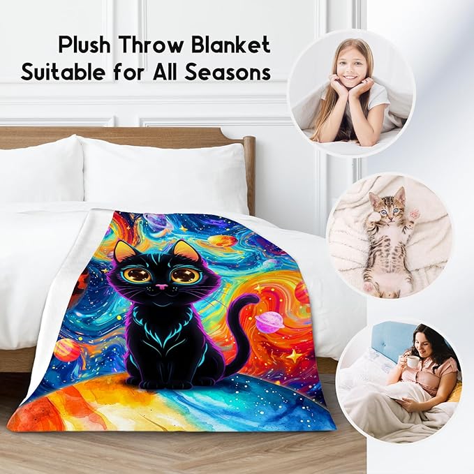 Cat Blankets for Cat Lovers - Girls Blanket for Teens/Women - Lightweight Planet Throws Gifts for Office Couch, Bed - 60"x80"