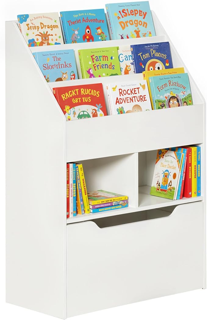 HOMCOM Kids Bookcase Multi-Shelf Rack Organizer with Storage Drawer for Books, Playroom, White