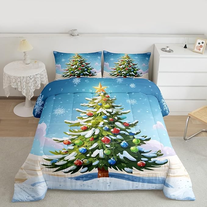 Feelyou Christmas Bedding Set Soft for Boys Girls, Xmas Tree Comforter Set Queen Size Christmas Tree Ornaments Duvet Quilt Microfiber Winter Snowflake Bedroom Decor 3 Pcs with 2 Pillow Cases
