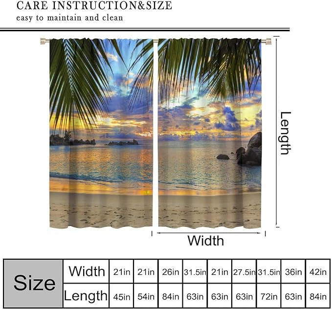Ocean Beach Curtains,Sunset on Beach in The Evening Hawaiian Seaside Scene Pattern Blackout Print Home Bedroom Living Room Window Treatments 2 Panel Set 42x54 Inch