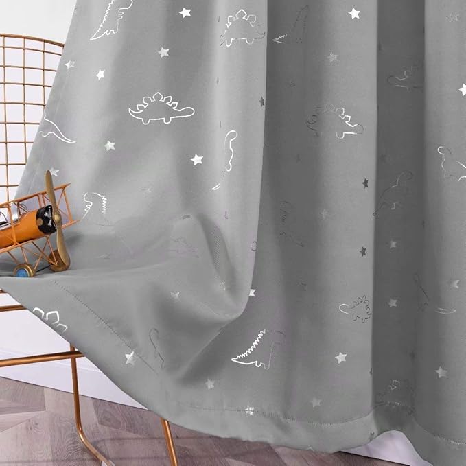 LORDTEX Dinosaur and Star Foil Print Blackout Curtains for Kids Room - Thermal Insulated Curtains Noise Reducing Window Drapes for Boys and Girls Bedroom, 52 x 95 Inch, Light Grey, Set of 2 Panels