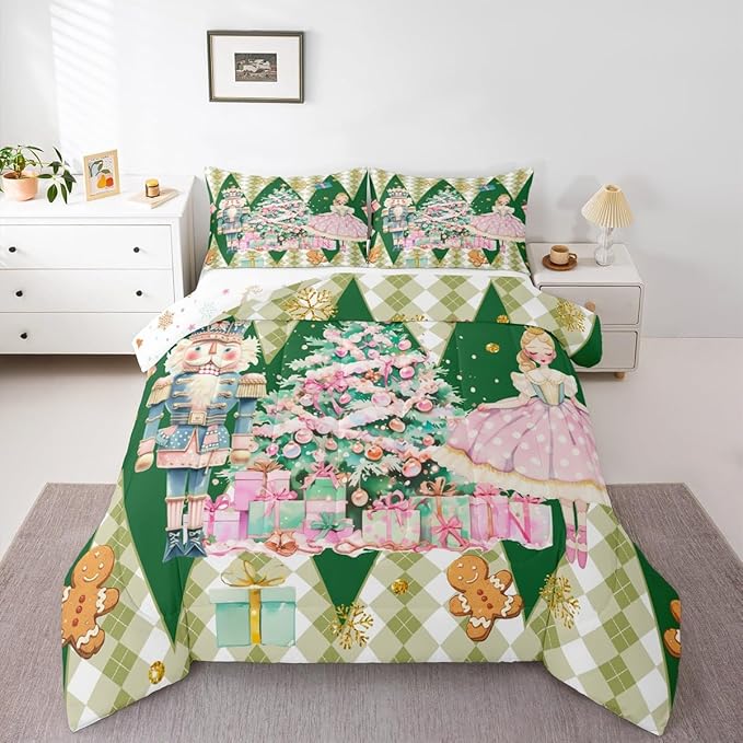 jejeloiu Christmas Nutcracker Comforter Set Full Size Gingerbread Man Bedding Set for Kids Boys Girls Xmas Tree Duvet Quilt Green Bedroom Decor