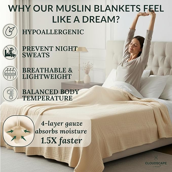 Cloud Scape Linen 4 Layer Oversized Muslin Blanket King Size - 100% Cotton, Weighted & Breathable All Season,Winter Layering Blanket, Perfect, fits Cal King Bed, 92x108, Ivory