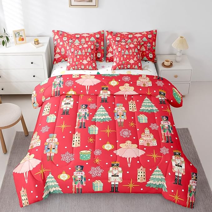 Erosebridal 7Pcs Red Christmas Comforter Set Twin Size,Christmas Nutcracker Bedding Set,Girly Dreamy Princess Bed in A Bag,Xmas Pine Tree Snowflake Quilt with Flat Fitted Sheet,Red