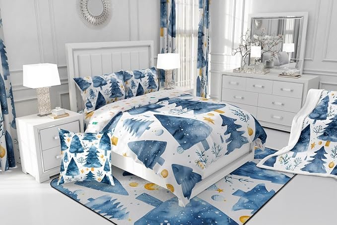 Feelyou Christmas Comforter Set All Season Xmas Tree Bedding Set with 2 Pillow Cases Watercolor Blue Microfiber Kids Full Bedclothes Snowflake Bedroom Decor Duvet Quilt Breathable Soft Lightweight