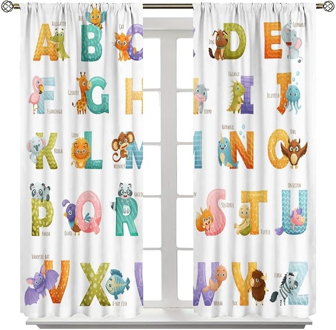 Kids Alphabet Curtains Educational Baby Cartoon Animals Colorful Cute Curtain with Rod Pocket for Nursery Living Room Home Decor Drapes Window Treatments 2 Panels Set 55x63in
