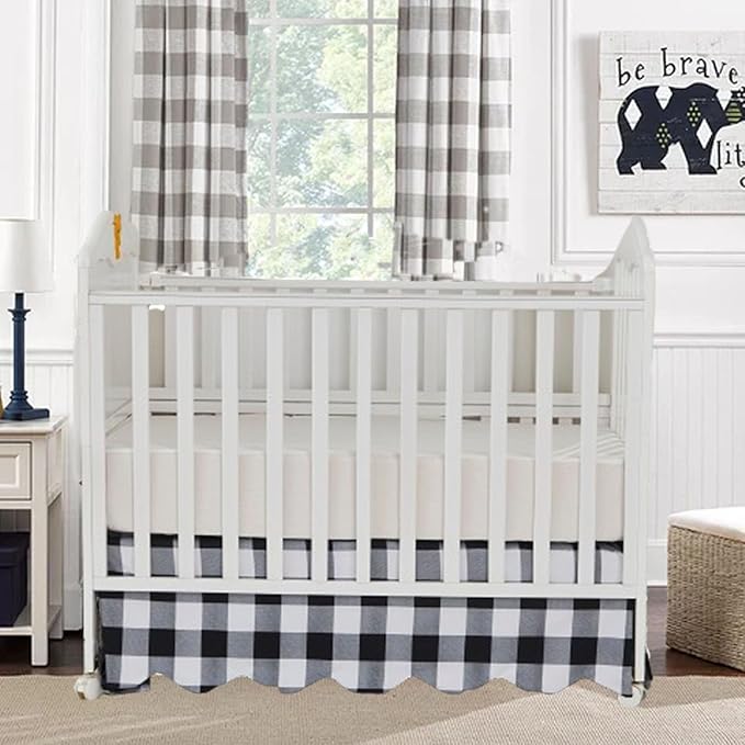Brandream Scallop Edge Crib Skirt, Baby Boy Girl Gender Neutral Crib Skirt Toddler Bedskirt Farmhouse Chic Nursery Crib Bed Skirt, Boho Bohemian Solid Black White Plaid Buffalo Check bedskirt