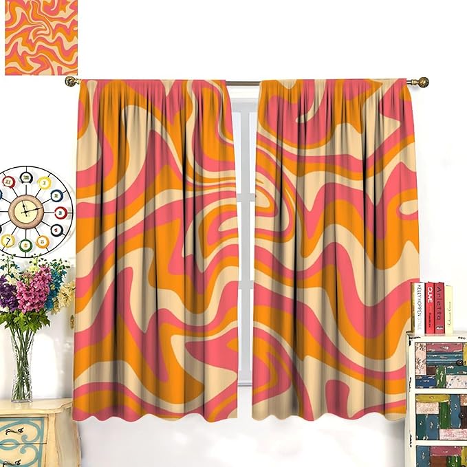 Abstract Wavy Swirl Curtains,60s 70s Groovy Aesthetic Retro Boho Orange Pink Abstract Curtains for Girls Bedroom Living Room Window 63"" W X 72"" L, Style-2