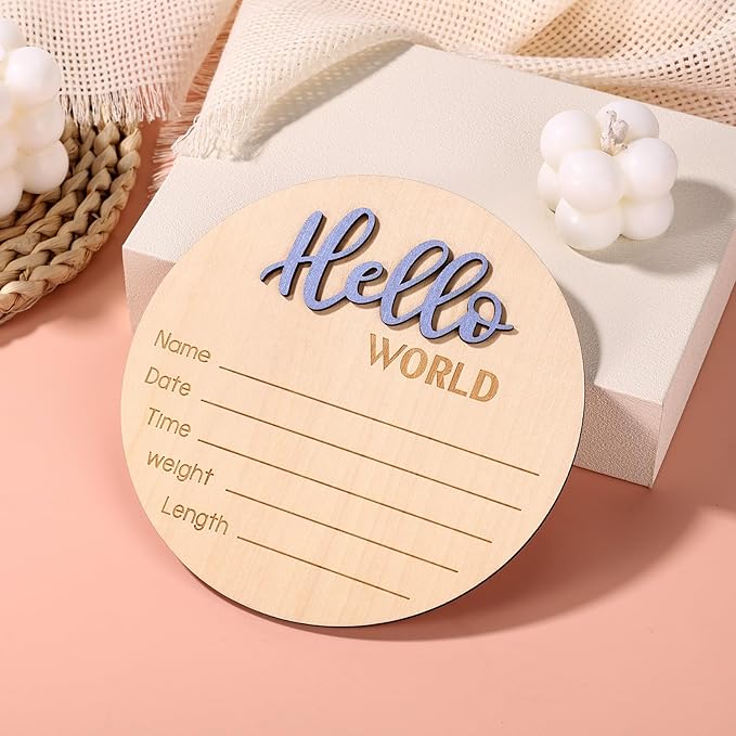 Newborn Announcement Sign, 5.9 Inch/15cm Wooden Hello World Plaques Baby Welcome Sign Birth Newborn Name Plaques for Boys and Girls Photo Props Baby Shower Hospital Nursery (Blue)