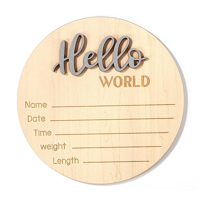 Newborn Announcement Sign, 5.9in Wooden Hello World Baby Welcome Sign Birth Plaques for Newborn Girls Boys Photo Props Baby Shower Hospital Nursery(Grey)