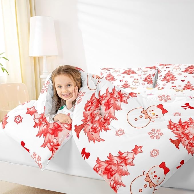 Feelyou Merry Christmas Comforter Set Full Size Cute Snowman Bedding Set for Kids Boys Girls Cartoon Bowknot Duvet Quilt Christmas Tree Microfiber 3 Pcs with 2 Pillow Cases
