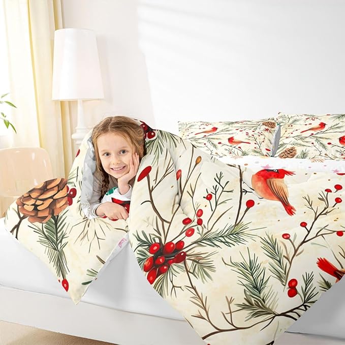 Feelyou Cardinal Bird Kids Comforter Set Twin Size Pine Branch Bedding Set Red Berry Duvet Quilt for Kids Boys Girls Bedroom Pine Cone Decor Winter Christmas Pattern Microfiber Ultra Soft Breathable