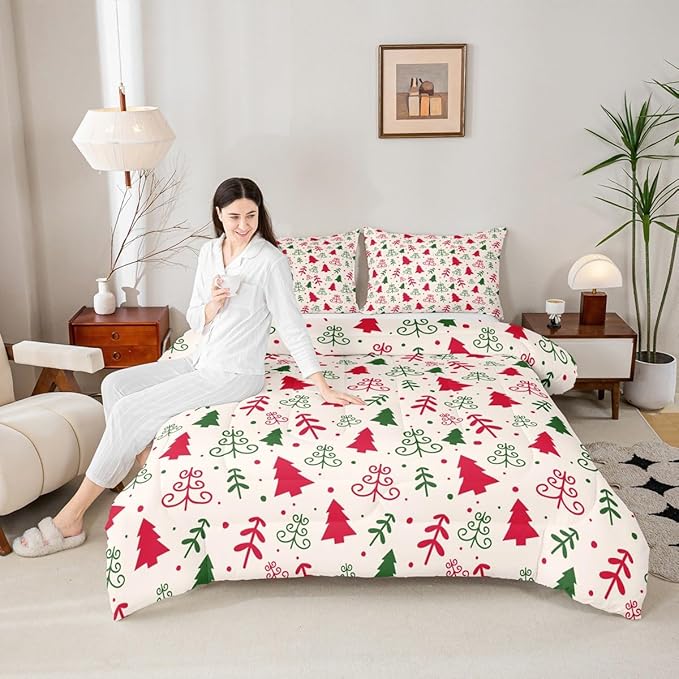 Castle Fairy Christmas Trees Comforter Set Queen Size,Red Green Pine Plant Hand Sketch Bedding Set for Women Adult,Winter Xmas Natural Botanical Luxury Bed Duvet Insert, 2 Pillowcases