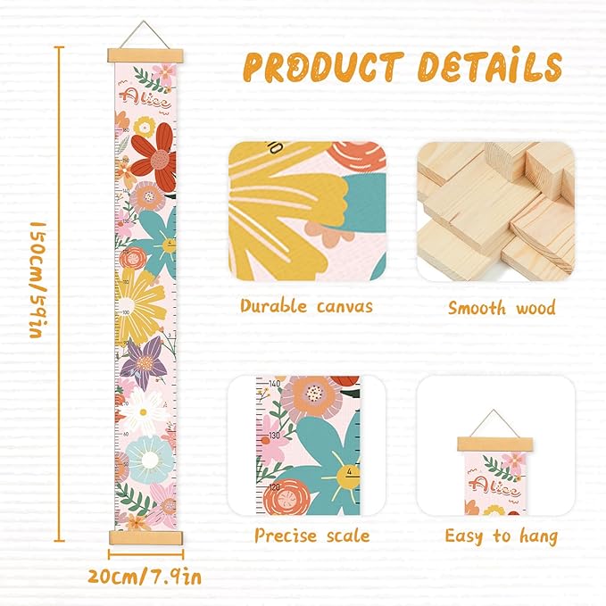 Personalized Name Growth Chart for Wall, Painted Flowers Canvas Height Chart for Kids Baby Child Toddler, Canvas Growth Chart for Wall Nursery Decor, Hangable & Waterproof