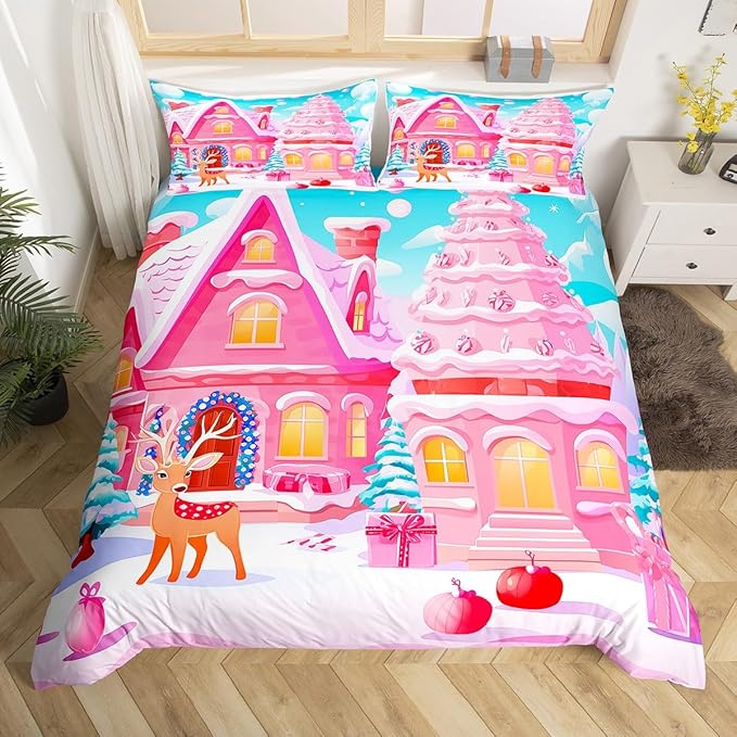 Feelyou Christmas Pink Comforter Cover Set Cute Deer Print Bedding Set Queen Size for Kids Boys Girls Bedroom Bed Decor Xmas Christmas Duvet Cover Soft Bedspread Cover,No Comforter