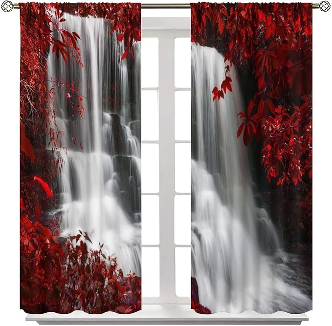 Red Forest Waterfall Blackout Windows Curtains, Waterfall Red Forest Black and Red Natural Landscape Print Window, for Living Room Bedroom 52x84in 2 Panels